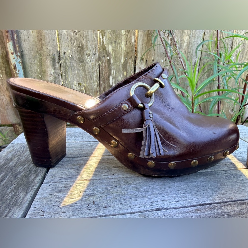 Coach Brown Leather Platform Mules with brass studs and accents. - Picture 2 of 15